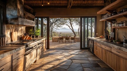 A luxurious South African safari lodge kitchen, with natural stone floors, wooden cabinetry, and large windows framing views of the savannah
