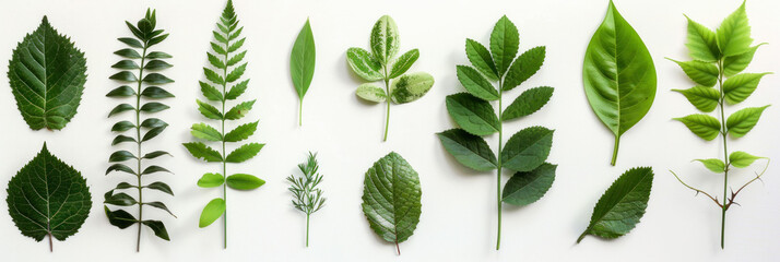 vibrant collection of various green leaves arranged neatly, showcasing different shapes and textures. This image highlights beauty of nature and diversity of plant life