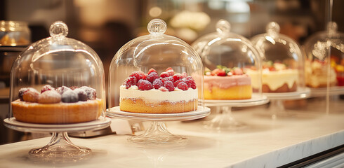 A selection of vibrant desserts elegantly displayed under glass domes in a cozy café setting, showcasing colorful fruits, cream layers, and luxurious details.
