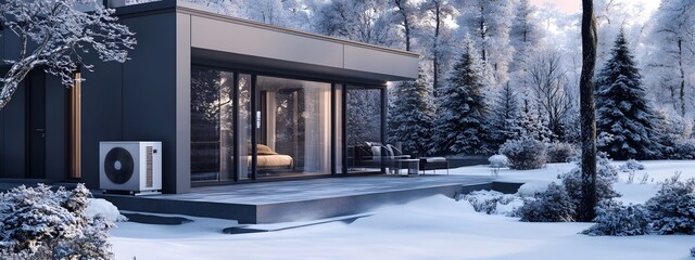 The air source heat pump is placed in front of the house, in a winter scene