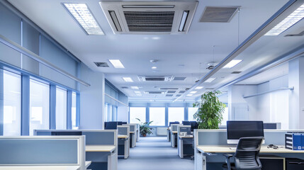 Modern office interior featuring spacious workstations, large windows, and greenery. design promotes bright and productive atmosphere, ideal for collaboration and focus