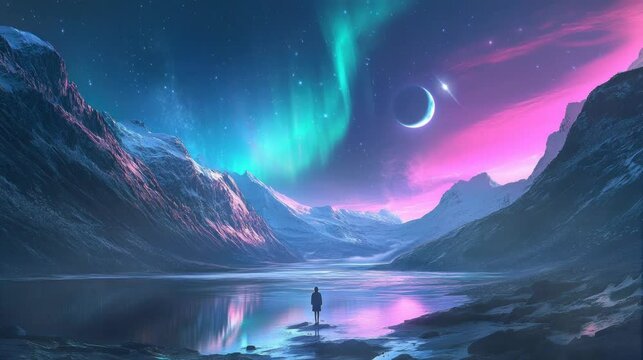 The view of the mountain lake is very beautiful and amazing at night. seamless looping time-lapse virtual 4k video Animation Background.	