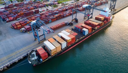 Aerial view of a logistics hub with trucks loading cargo and containers stacked