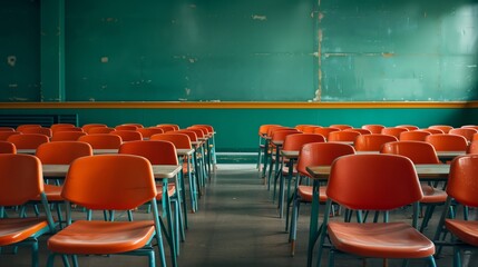 Fototapeta premium A high school classroom is filled with desks and chairs, with green walls in the background