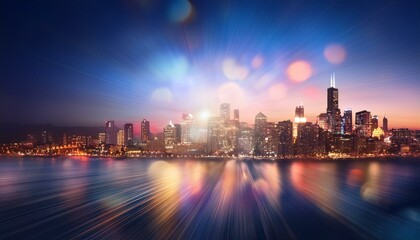 Blurred city skyline with twinkling lights and soft colors at night, creating an abstract