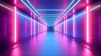 A futuristic, brightly lit corridor with pink and blue neon lights.