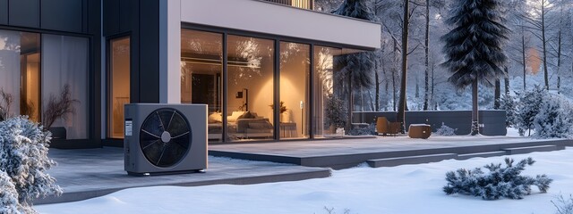 The air source heat pump is placed in front of the house, in a winter scene