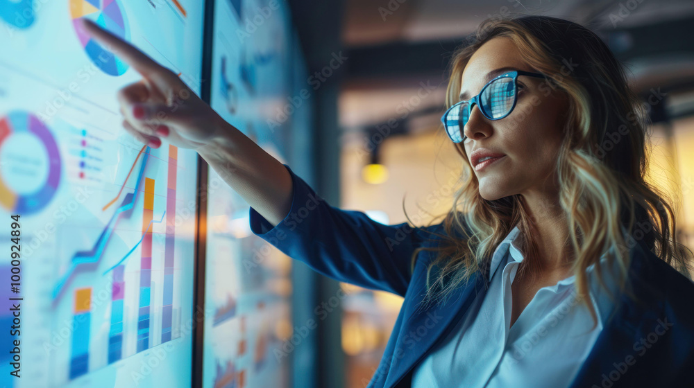 Poster professional woman analyzes data on digital screen, showcasing her expertise in business analytics. 