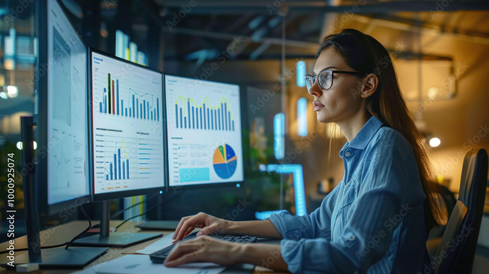 Poster focused woman analyzes data on multiple computer screens in modern office environment. atmosphere is