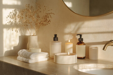 Modern bathroom interior with sink and cosmetic products