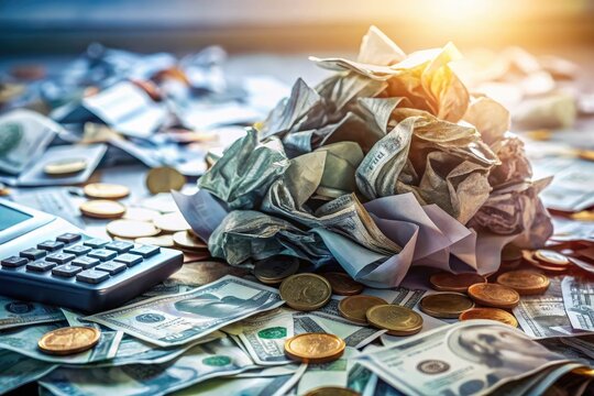 A blurred, abstract background featuring a messy pile of crumpled up bills and receipts in various colors, surrounded by scattered coins and a calculator.