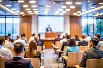 A blurred audience sits in a conference room with empty chairs and a podium at the front, awaiting a speaker or presentation to begin.