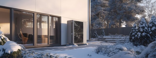 The air source heat pump is placed in front of the house, in a winter scene