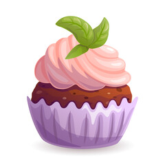 Chocolate cupcake with pink cream on white background. Vector illustration.