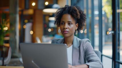Focused woman working on laptop in modern office environment, showcasing determination and professionalism. bright, airy space enhances her concentration and productivity