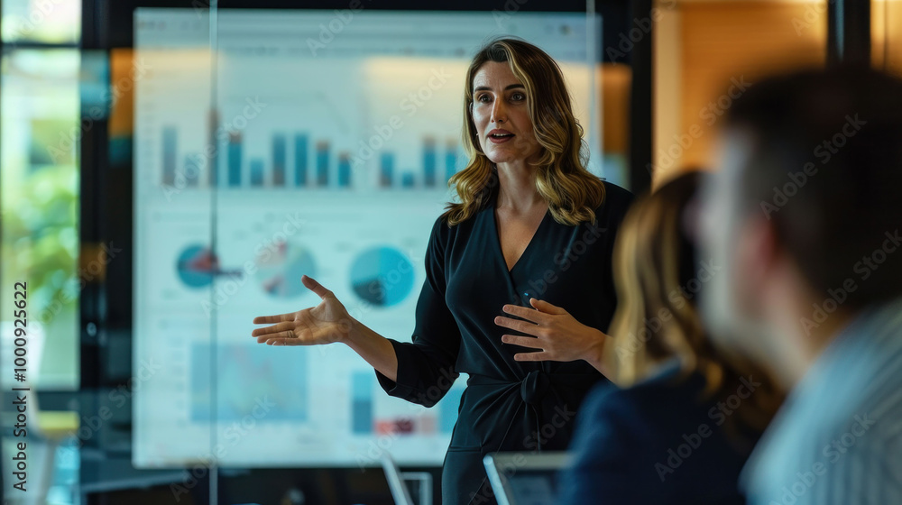 Aufkleber confident woman presents data insights in modern office setting, engaging her audience with visual g