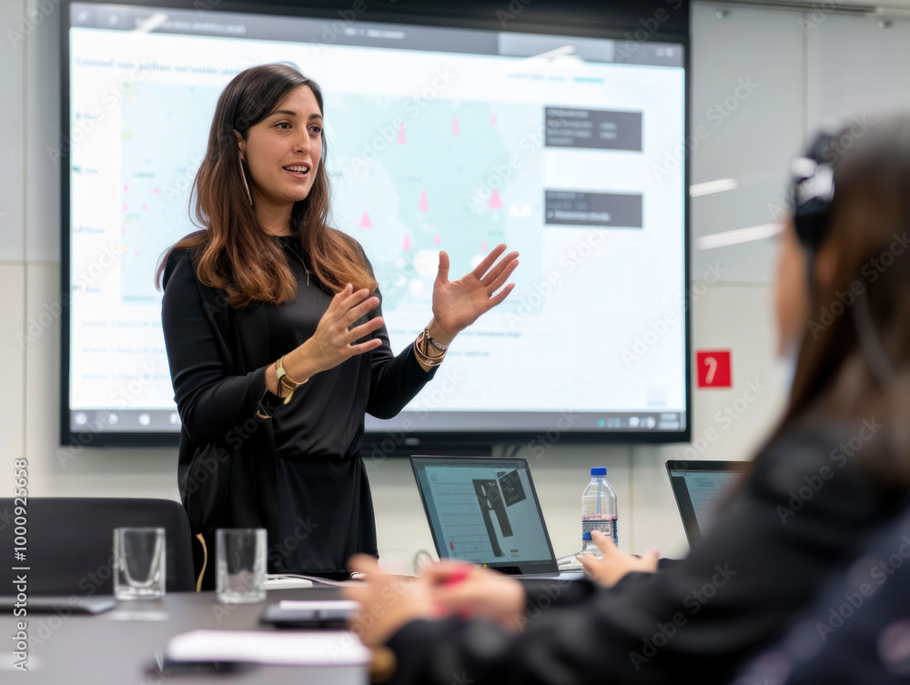Poster woman is presenting in modern conference room, engaging with her audience while using digital displa