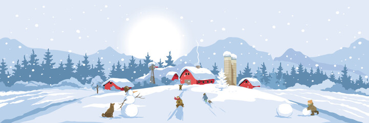 Fun winter activities, children sledding down a hill, making snowmen, Christmas time. Abstract winter rural landscape with old village. Freehand drawing, vector illustration.	