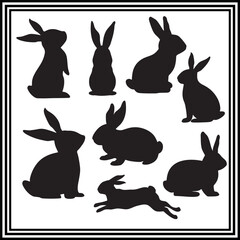 Bunny silhouette in different poses, Vector set of cute rabbits.