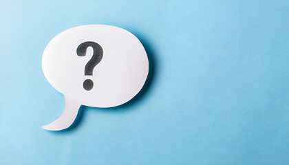 Paper speech bubble with question mark on light blue background, top view. Space for text