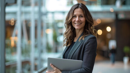 professional woman stands confidently in modern office environment, holding laptop. Her warm smile and stylish attire convey sense of approachability and professionalism, perfect for corporate