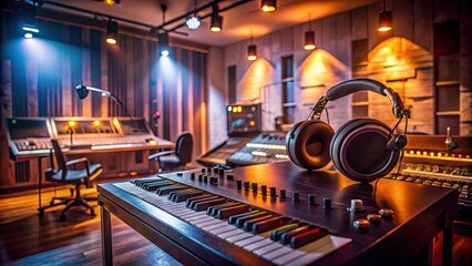 A blurred, dimly lit recording studio with soundboards, headphones, and musical instruments creates a moody atmosphere, perfect for background music for videos.