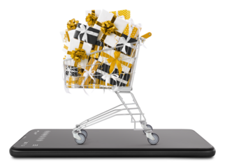 Black Friday Shopping cart full of gift boxes comes out of the smartphone isolated on white background, concept for sale and offer promotion, web store or online shopping for Christmas presents
