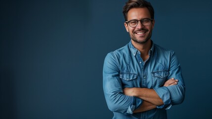 Fototapeta premium portrait of a handsome smiling man in a blue shirt and glasses with his arms crossed on a dark blue background