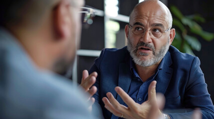 Fototapeta premium image captures man in blue suit engaged in serious conversation, expressing his thoughts with hand gestures. setting appears to be modern office, emphasizing professional atmosphere
