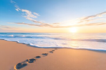 Serene beach scene at sunset with soft waves gently lapping the shore and footprints leading into the distance,creating a tranquil and inviting atmosphere for relaxation,contemplation,and escape.