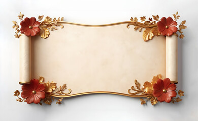 Old vintage parchment scroll with red flowers  