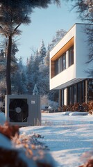 The air source heat pump is placed in front of the house, in a winter scene
