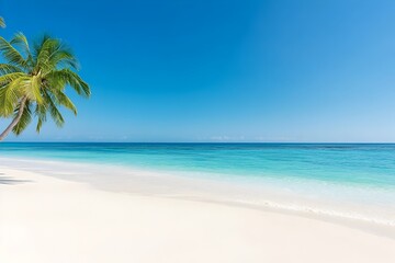 Serene,idyllic tropical beach scene with white sand,clear turquoise ocean waters,and gentle swaying palm trees under a vibrant blue sky - a peaceful,tranquil paradise for relaxation and escape.