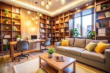 A blurred, out-of-focus modern home office with a comfortable couch, bookshelves, and warm lighting, providing a cozy and professional atmosphere for online conferencing.