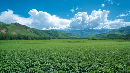 Fototapeta premium green meadow in the distance with clouds floating on top of it, surrounded by pine trees and mountains