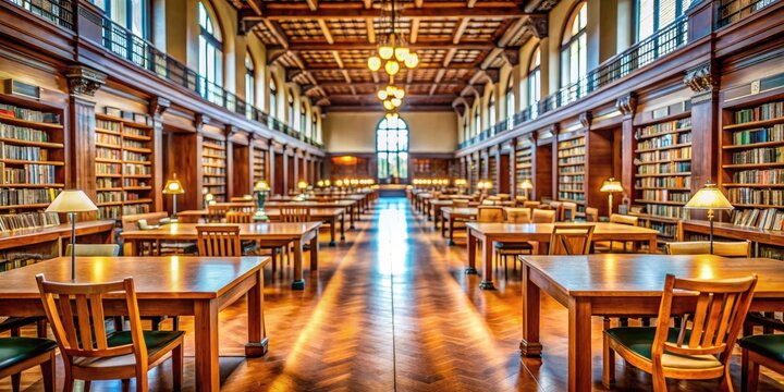 A blurred university library interior with rows of bookshelves, wooden tables, and comfortable chairs, evoking a sense of knowledge and intellectual pursuit.