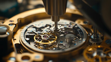 A watchmaker is using a screwdriver to work on the intricate gears of a watch.