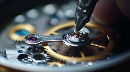 A watchmaker is using a screwdriver to work on the intricate gears of a watch.