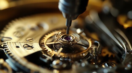 A watchmaker is using a screwdriver to work on the intricate gears of a watch.