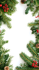 Decorative border frame with evergreen pine branches isolated on white background with copy space for text