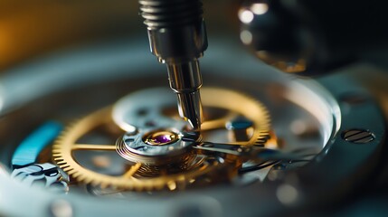 A watchmaker is using a screwdriver to work on the intricate gears of a watch.