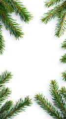 Decorative border frame with evergreen pine branches isolated on white background with copy space for text