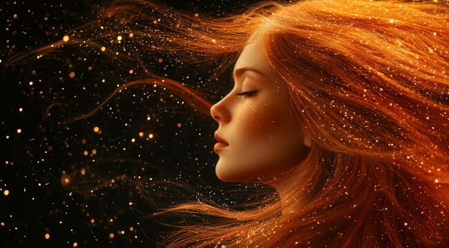 Ethereal beauty: woman with flowing red hair and sparkling particles