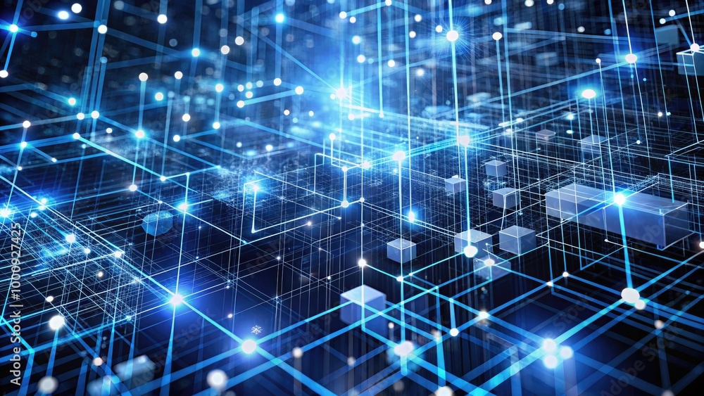 Poster abstract futuristic digital grid with intricate white lines and nodes on a dark blue background, cre