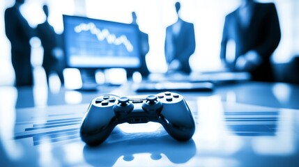 Gaming Industry Synergy: Console Controller, Computer Screen, and Financial Chart in a Business Meeting