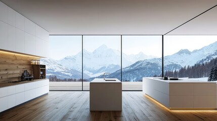 A minimalist alpine retreat kitchen, with wooden floors, sleek white cabinetry, and large windows framing views of snow-capped mountains