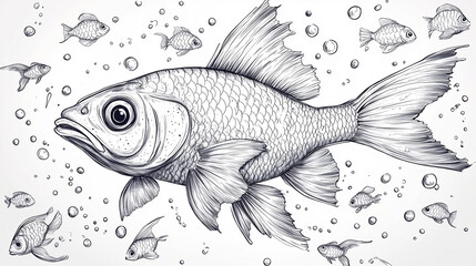 Fototapeta premium Stylized cartoon fish among small fish on a white background. Sketch for coloring. 