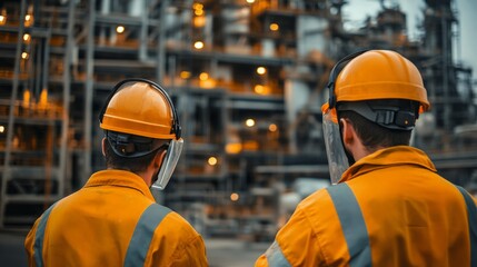 Two Cement Factory Workers Wearing Safety Gear in an Industrial Setting