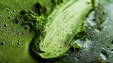Vibrant Green Matcha Beverage Texture with Water Droplets and Foamy Surface