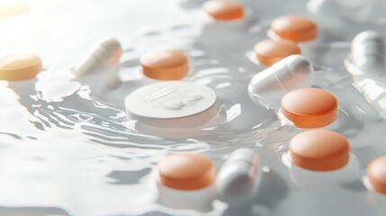 Close-up of lotion packaging on rippling water, surrounded by vitamin pills, giving a refreshing vibe on a bright white background.